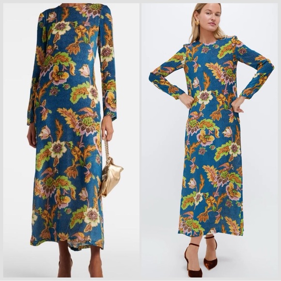 La DoubleJ Long Sleeve Swing Maxi Dress – Lark Blue Sovereign Print, Small 4/6 - Picture 4 of 11